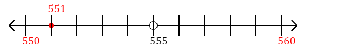 551 rounded to the nearest ten with a number line