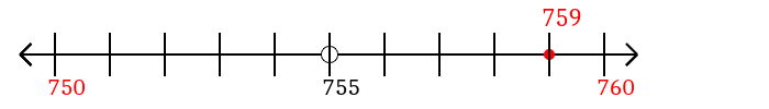 759 rounded to the nearest ten with a number line