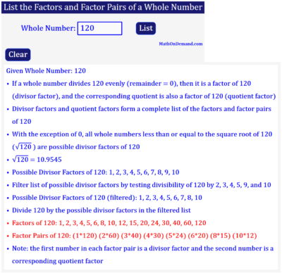 Factors and Factor Pairs of 120