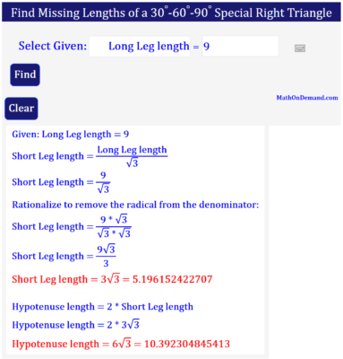Missing lengths of a 30-60-90 Special Right Triangle given Long Leg Length = 9