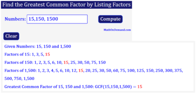 Greatest Common Factor of 15, 150, and 1,500
