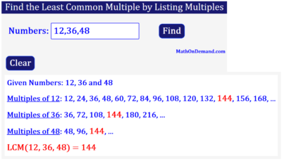 Least Common Multiple of 12, 36 and 48 by Listing Multiples