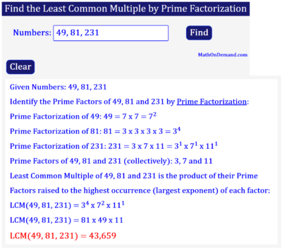 Least Common Multiple of 49, 81 and 231 by Prime Factorization