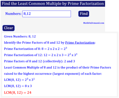 Least Common Multiple of 8 and 12 by Prime Factorization
