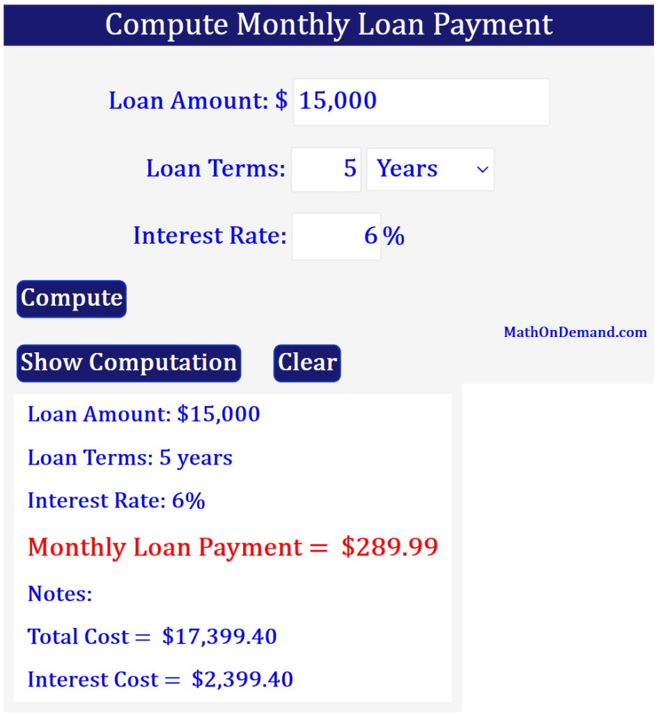 Compute Monthly Loan Payment - Mathondemand.com