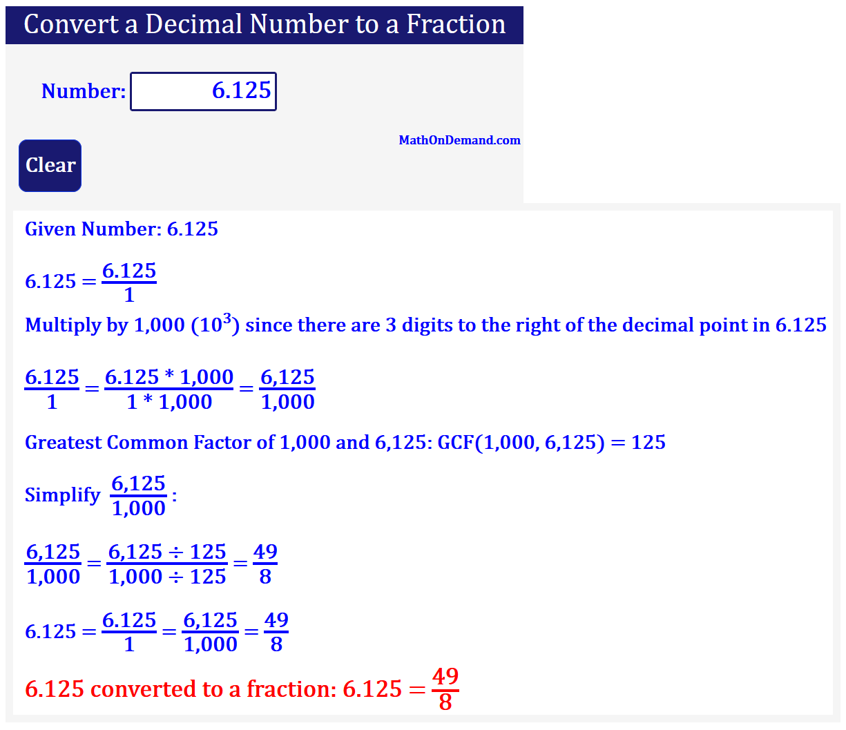 convert whole number fraction to decimal