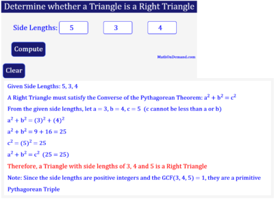 Determine whether a Triangle with side lengths 3, 4 and 5 is a Right Triangle