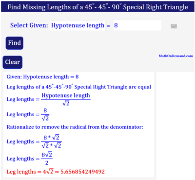 Missing lengths of a 45-45-90 Special Right Triangle given Hypotenuse Length = 8