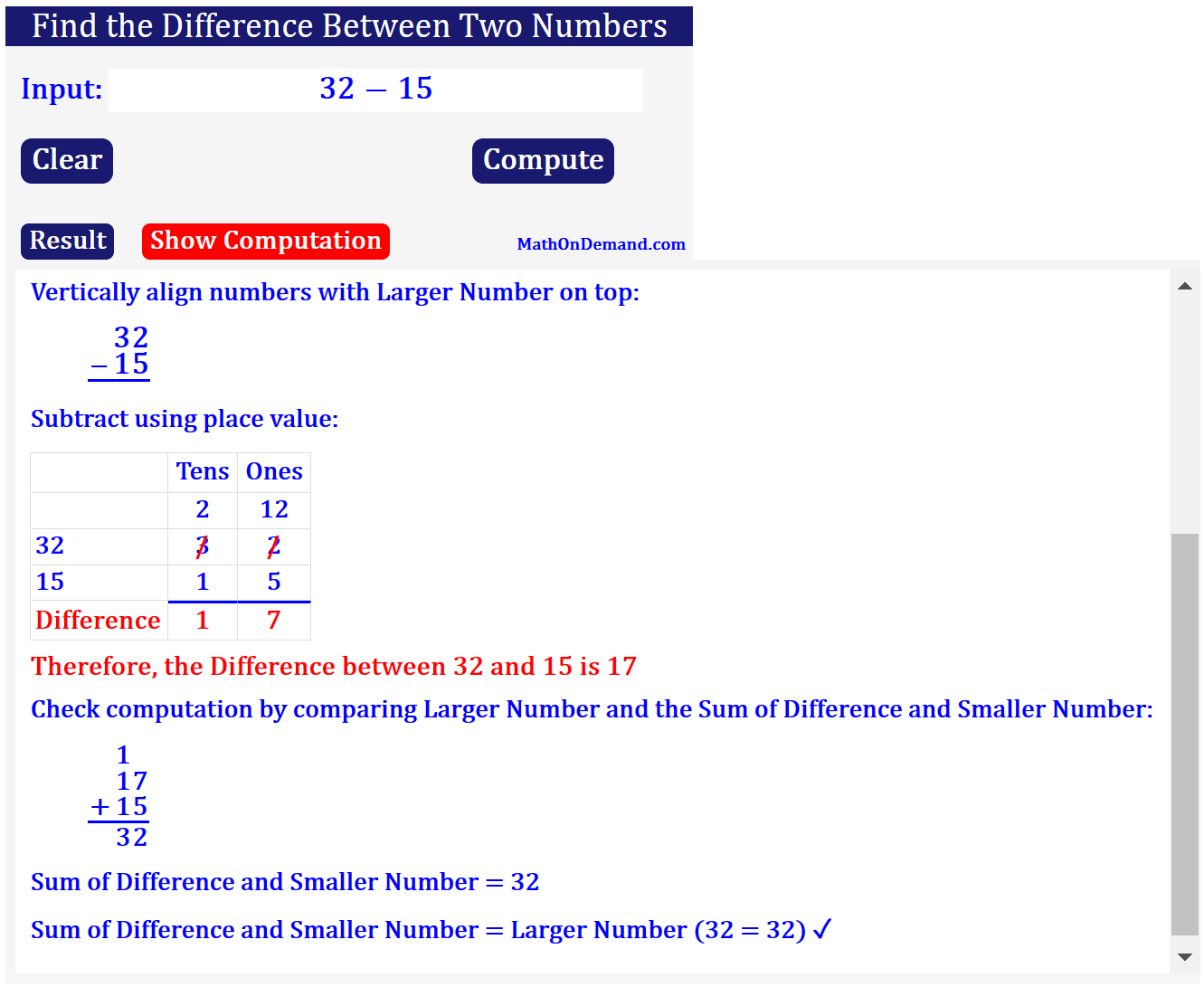 Difference between 32 and 15 Addition Check