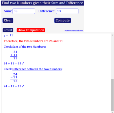 Two Numbers with a Sum of 35 and a Difference of 13_Check