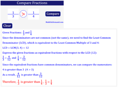 Compare the fractions 1/3 and 1/4