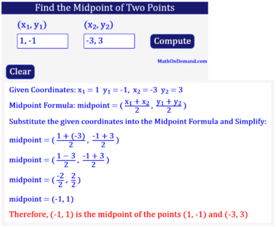 Midpoint of the points (1 -1) and (-3, 3)