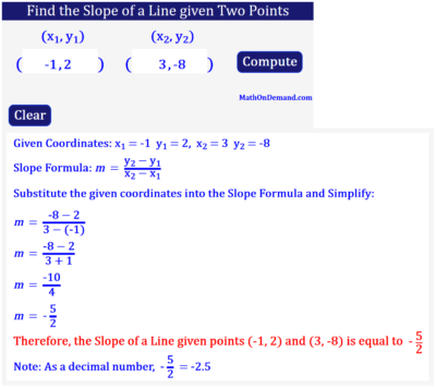 Slope of a Line given points (-1, 2) and (3, -8)