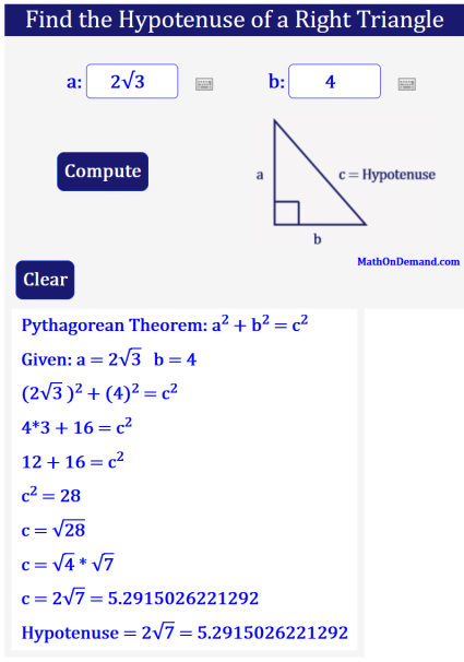 Find the Hypotenuse of a Right Triangle | Given Leg Lengths ...