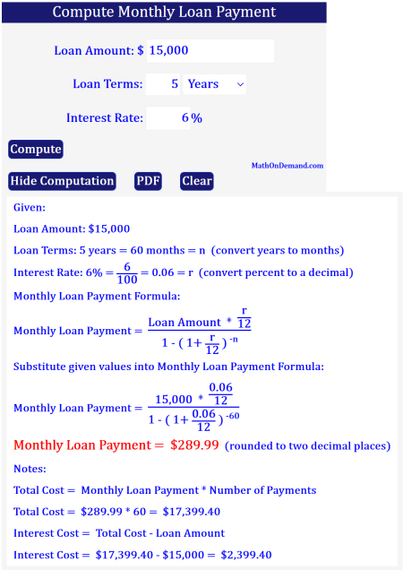 Compute Monthly Loan Payment - MathOnDemand.com