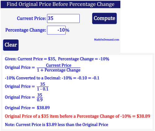 Original Price of a $35 item before a Percentage Change of -10%