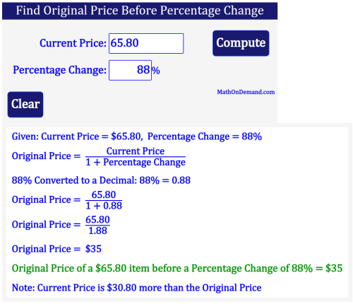 Original Price of a $65.80 item before a Percentage Change of 88%